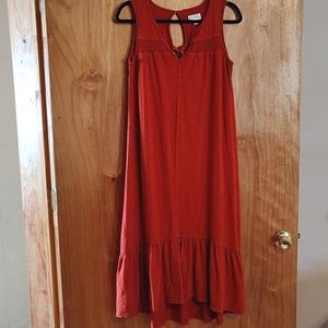 Wonderly Distressed Midi Dress Burnt Orange Slub Knit Shirred 100% Cotton Small